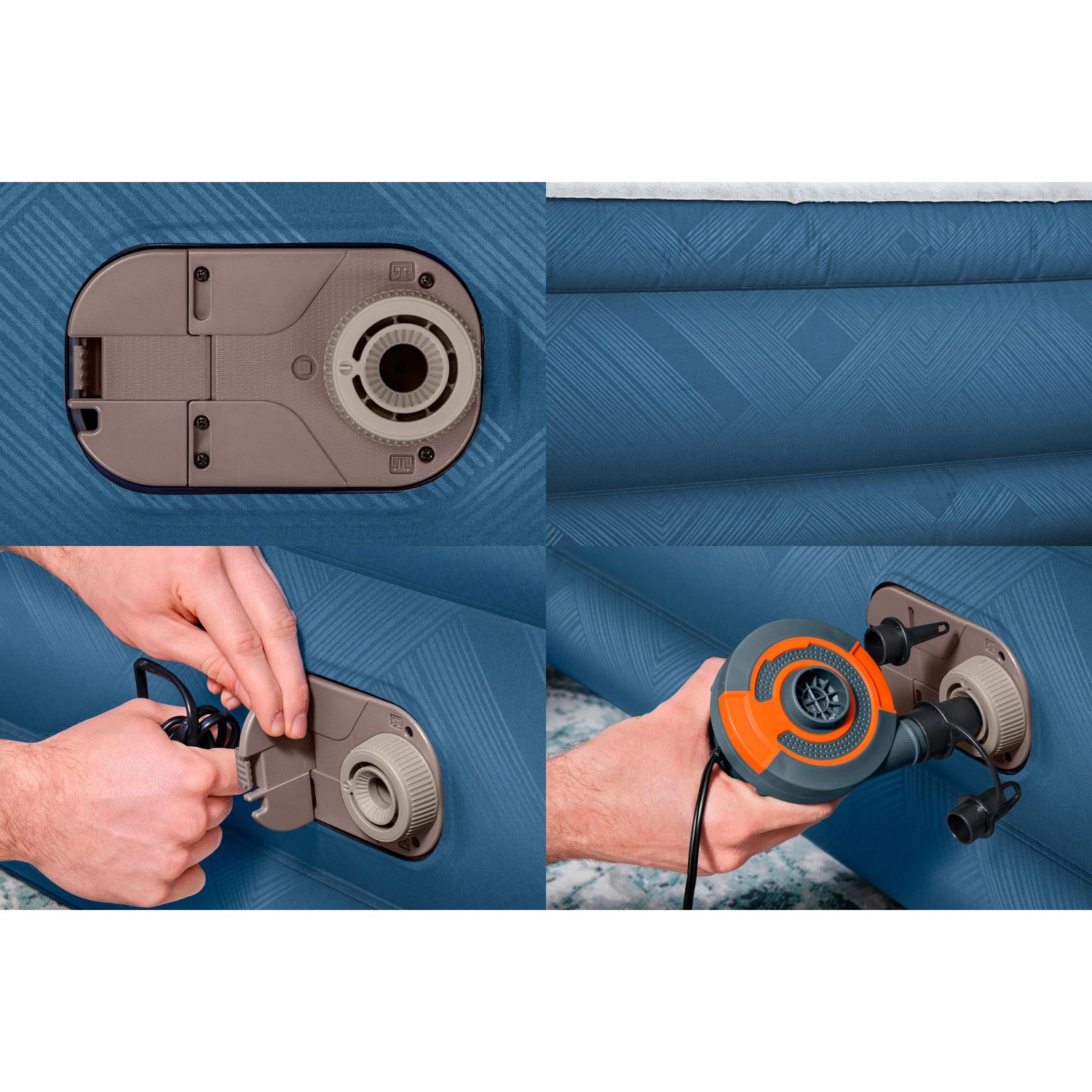 Bestway Fortech Luftbett mit Elektropumpe, blau, Details zu Pumpe und Material.