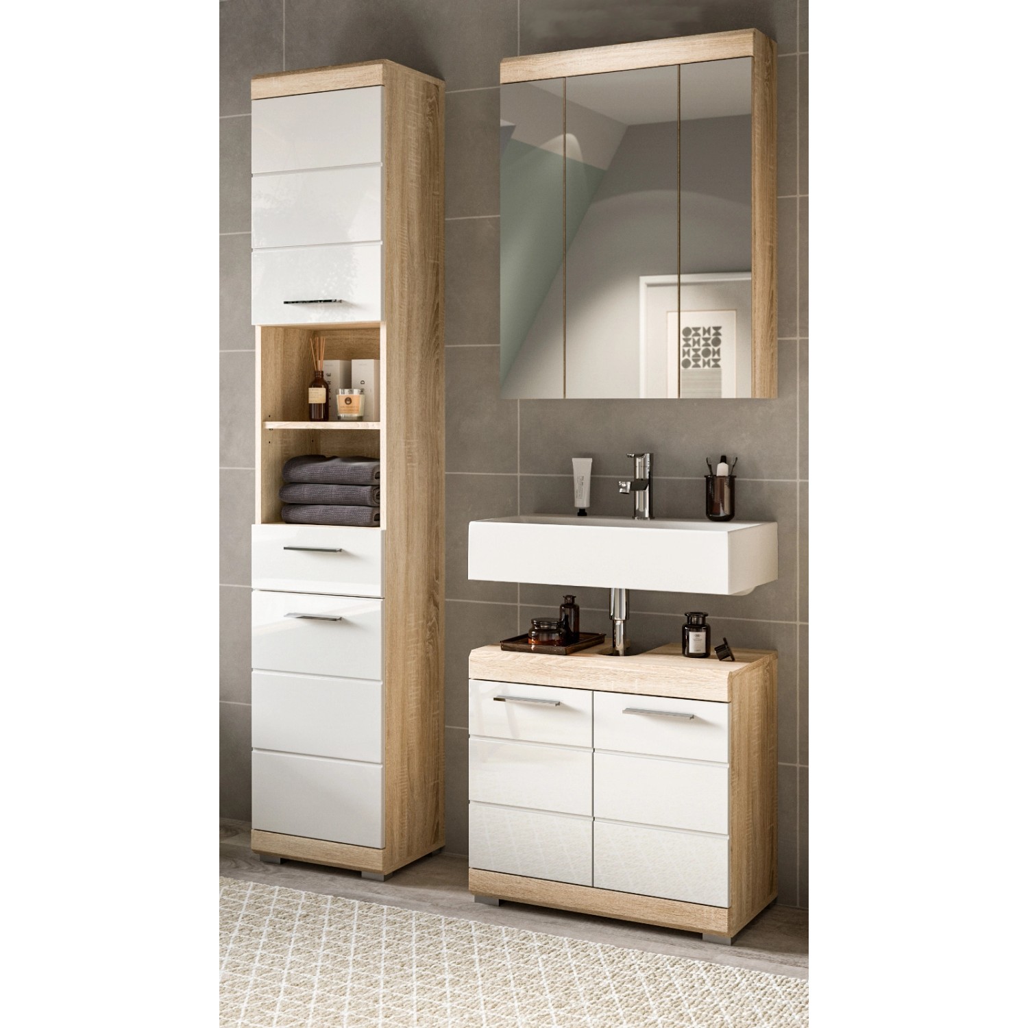 Inn.Furn Badmöbel-Set Weiß Hochglanz Eiche 3-teilig 112 cm Mambo günstig online kaufen