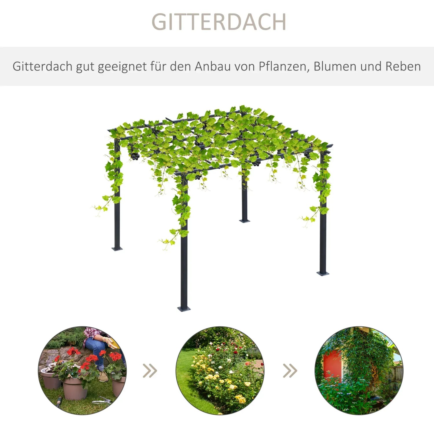 Outsunny Pergola Pavillon, schwarzes Metall, bepflanzt mit Rankpflanzen, 297x295x230 cm.