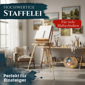Artina Madrid Kiefer Staffelei mit Malkoffer und Leinwand im hellen Atelier. Ideal für verschiedene Maltechniken.