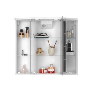 Geöffneter Jokey Spiegelschrank Binz, 67 cm, weiß hochglanz, mit Glasablagen und Badutensilien.