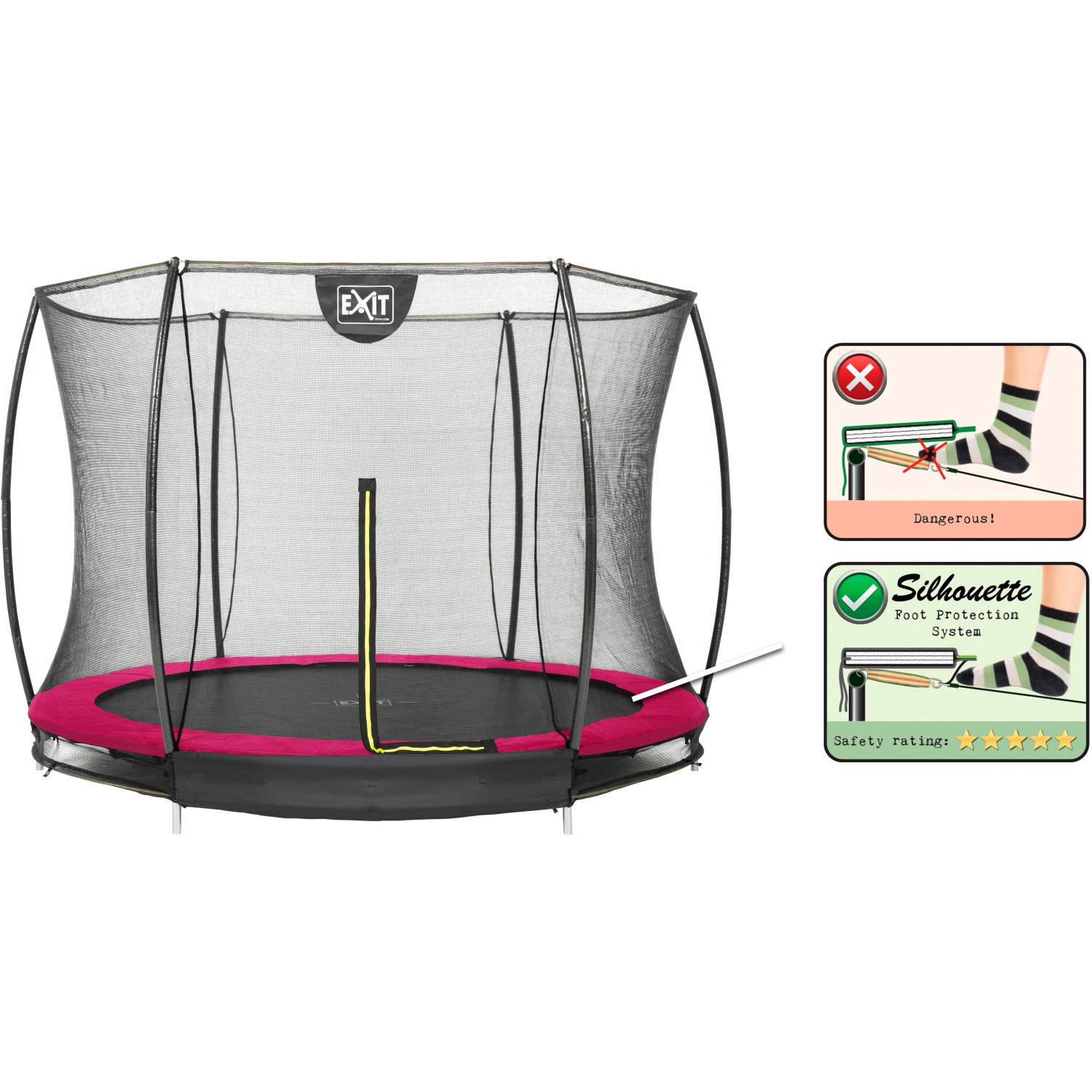 EXIT Silhouette Bodentrampolin, D244cm, rosa mit Sicherheitsnetz. Trampolin für den Garten.
