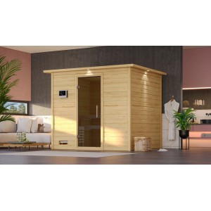 Karibu Sauna Sarina mit LED-Dachkranz aus naturbelassener Fichte. Massivholzsauna mit Glastür.