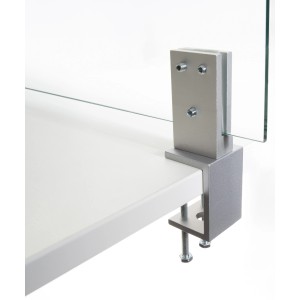 Klemmfuß Klein, 45mm, mit Glashalter in Silber eloxiert zur Befestigung von Hygieneschutzglas.