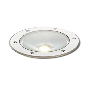 Runde Rendl Außeneinbauleuchte Terra aus Edelstahl mit klarer Glasabdeckung und warmweißer LED.