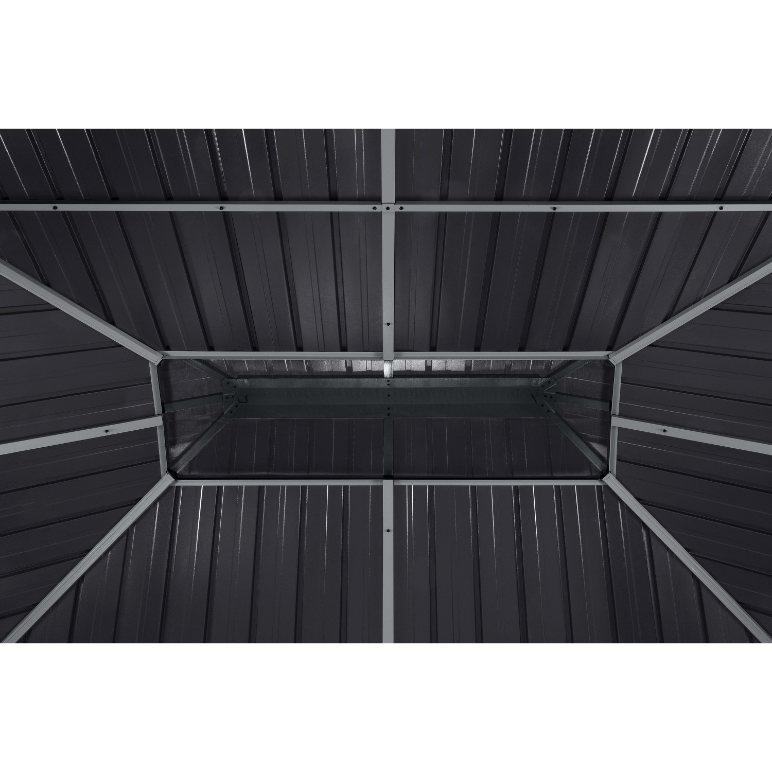 Innenansicht des Sojag Pavillon Olan 1014, Dach aus Stahlblech und Aluminiumkonstruktion.