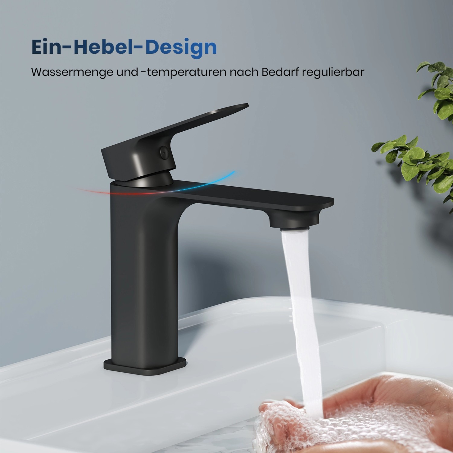 Schwarze Emke Waschtischarmatur mit Wasser im Waschbecken. Mischbatterie für Bad.