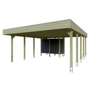 Skan Holz Carport Friesland Hybrid, 557x708 cm, grün, mit Abstellraum und Aluminium-Dachplatten.
