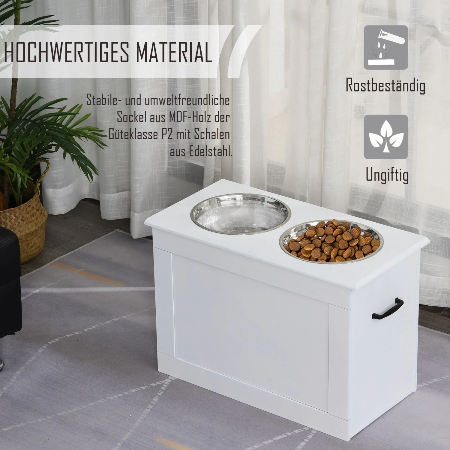 Weißer PawHut Fressnapf mit 2 Edelstahlnäpfen, erhöhtem Design und Stauraum. Ideal als Futterspender für Katzen.