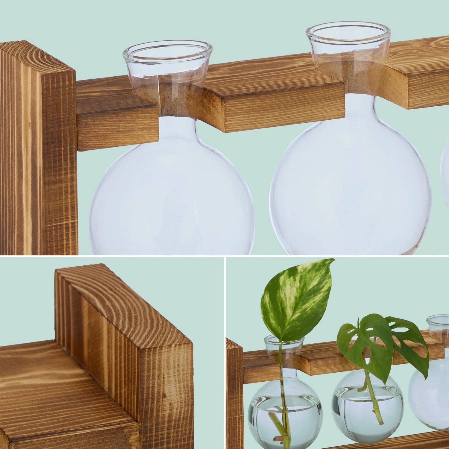 Relaxdays Reagenzglas Vase Glas Kiefernholz Natur Transparent mit Ständer 13 cm x 28 cm x 6,5 cm_5