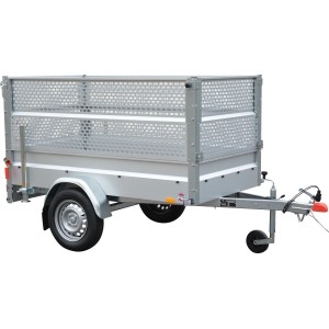Stema Basic 750 Autoanhänger mit Gitteraufsatz und Stützrad, ideal für Gartenabfälle und Transporte.