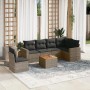 Graue 7-teilige vidaXL Garten-Sofagarnitur aus Polyrattan mit Kissen und Tisch.