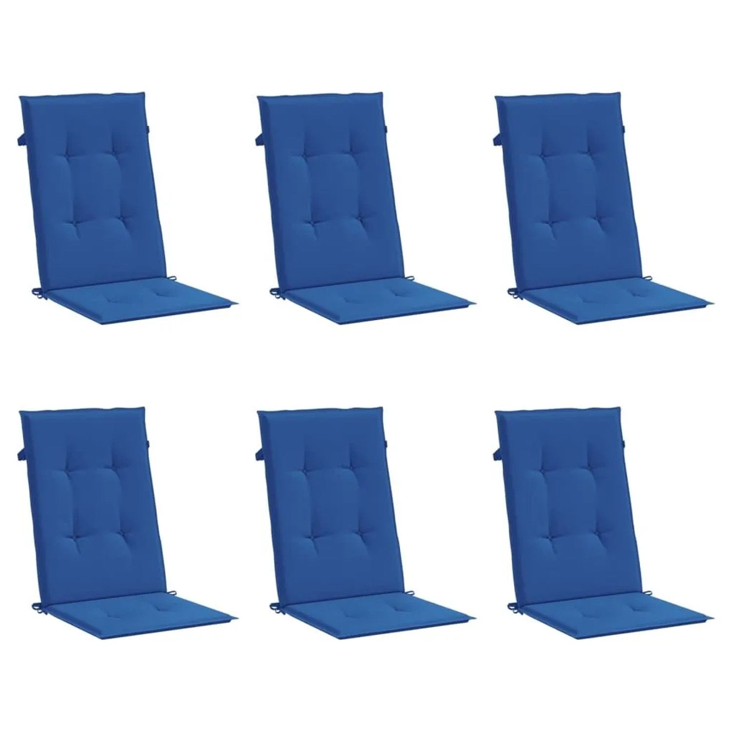 Sechs königsblaue Gartenstuhlauflagen für Hochlehner aus Polyester, mit Bändern zur Befestigung. Ideal für Gartenmöbel.