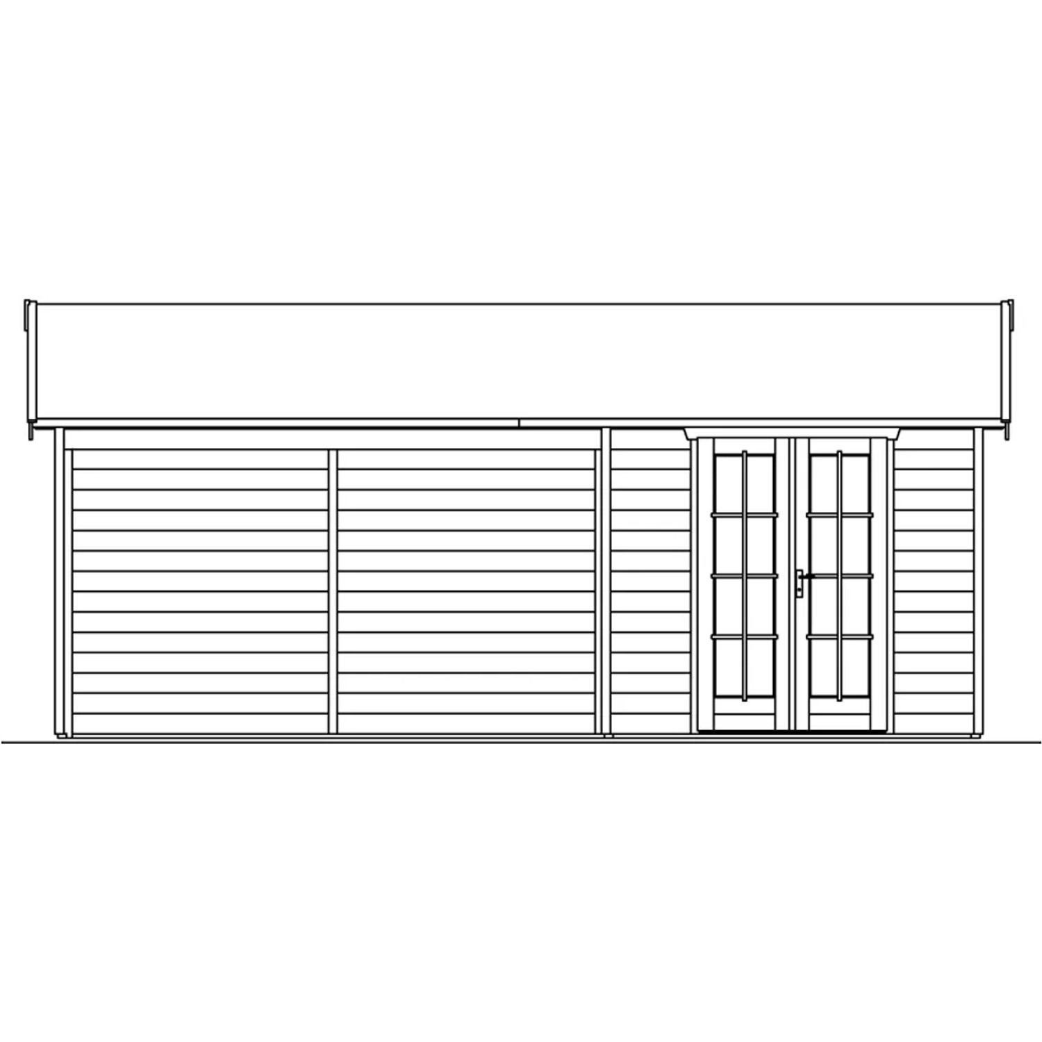 Illustration des Skan Holz Gartenhaus Tilburg, 23,3 m², mit Doppeltür und Anbau.