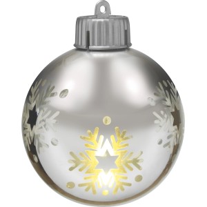 Silberne LED-Weihnachtskugel mit Schneeflockenmuster, 8 cm Durchmesser.