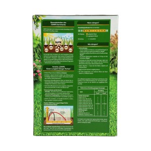 Rückseite des Compo Rasen Langzeit-Dünger Perfect 6kg Packung mit Anwendungs-Hinweisen.
