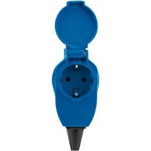 Blaue CEE Winkelkupplung, 3-polig, IP44 mit Schutzkontakt-Steckdose für Autoanhänger.