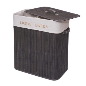 Dunkelgrauer MCW Wäschekorb aus Bambus mit Deckel und Fächern für helle und dunkle Wäsche.