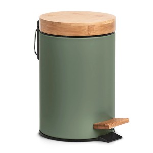 Zeller Kosmetikeimer, 3 l, Grün, aus Metall mit Bambusdeckel und Tretpedal.