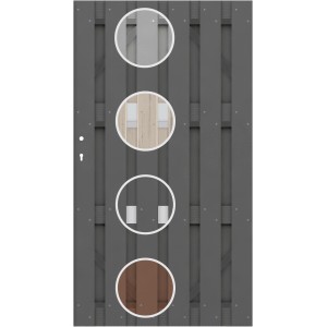 Sichtschutzzaun-Element Jumbo WPC Einzeltor mit Detailansichten der Farbvarianten.