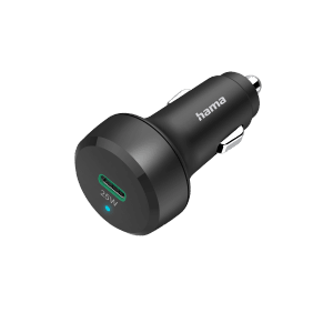 Schwarzes Hama Auto-Schnellladegerät USB-C PD 25W für den Zigarettenanzünder.