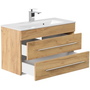 Posseik Badmöbel Portus 800 SlimLine in Eiche Gold mit Waschbecken und zwei Schubladen.