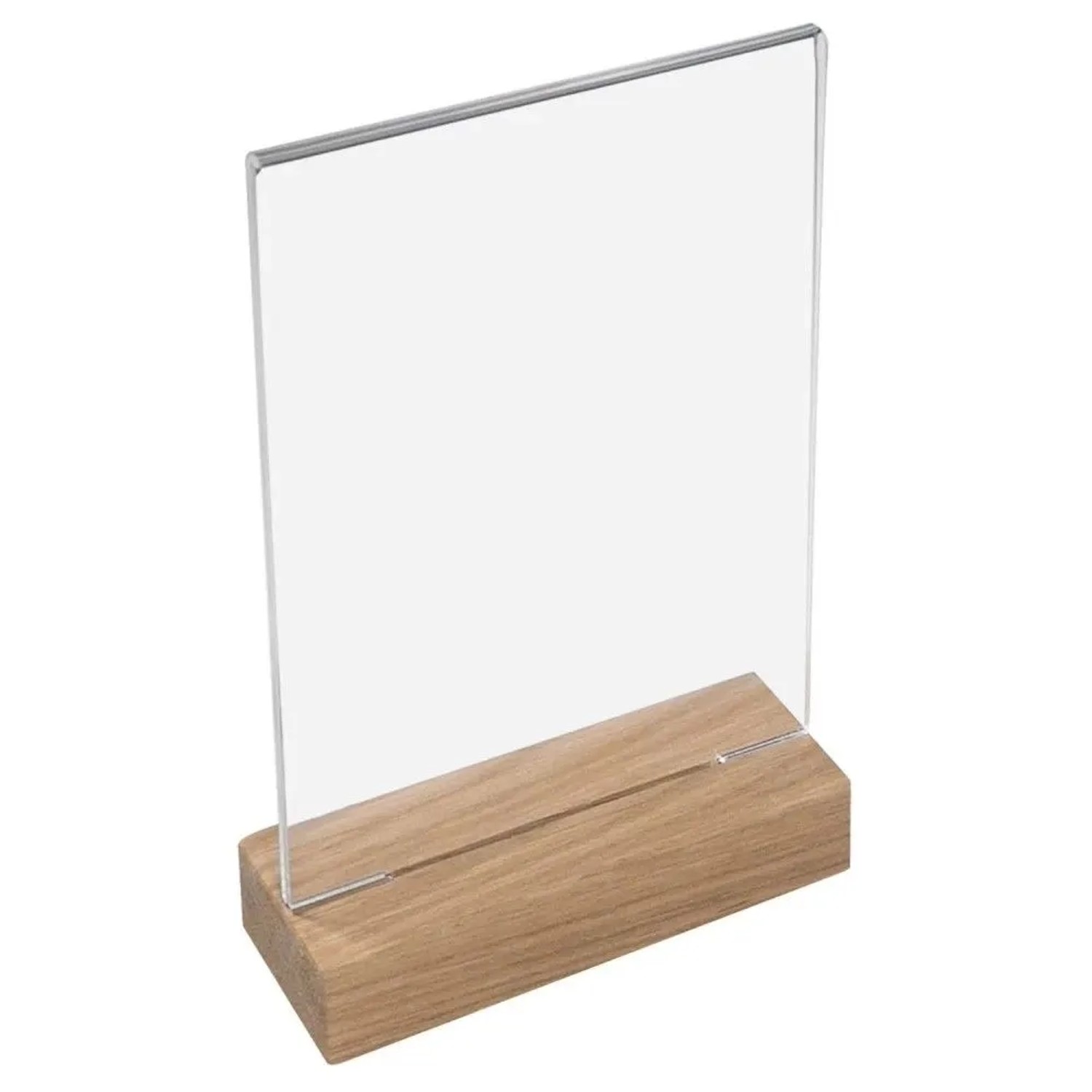 HMF 46942 Acryl Tischaufsteller mit Holzfuß DIN A5 Hochformat Glasklar