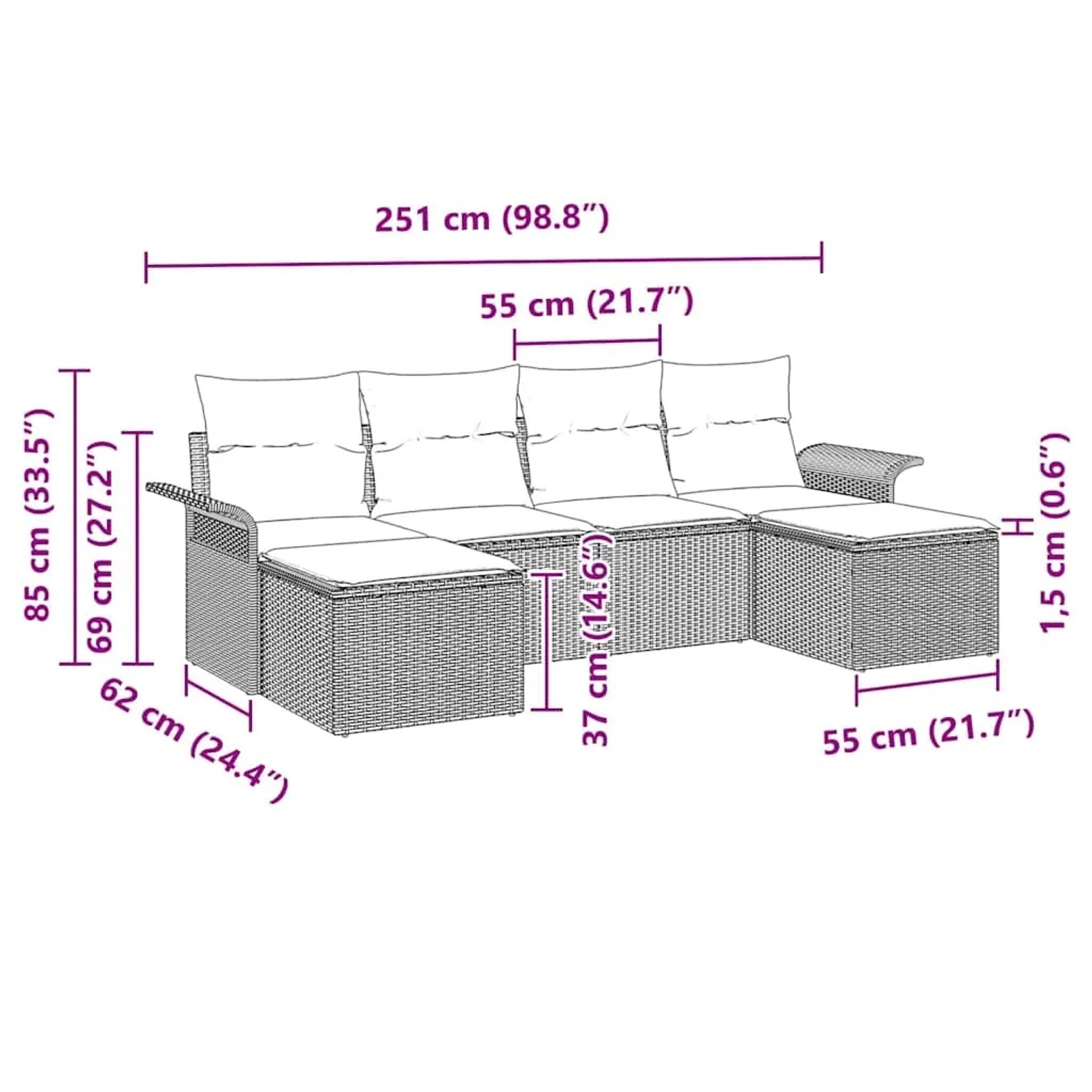 vidaXL Gartenmöbel-Set, hellgraues Poly Rattan Sofa mit Kissen, 6-teilig, Maße: 251x117x85 cm.