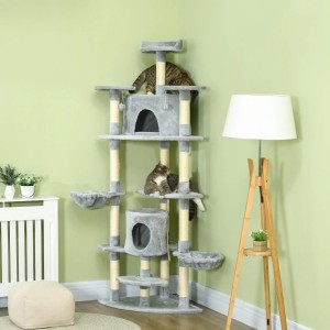 Grauer PawHut Katzenbaum mit Kratzstämmen, Katzenhöhlen und Liegeflächen für zwei Katzen.