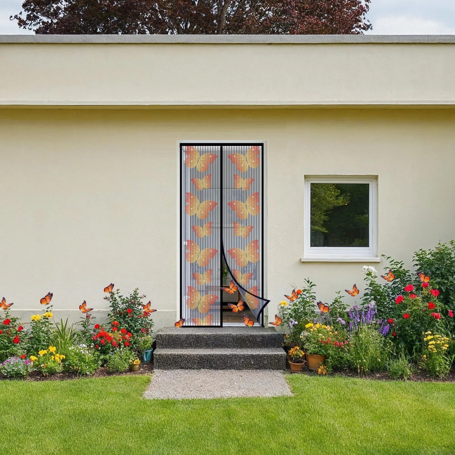 Sekey Insektenschutz-Tür, magnetisches Fliegengitter 90x210 cm mit orangefarbenen Schmetterlingen an Balkontür.