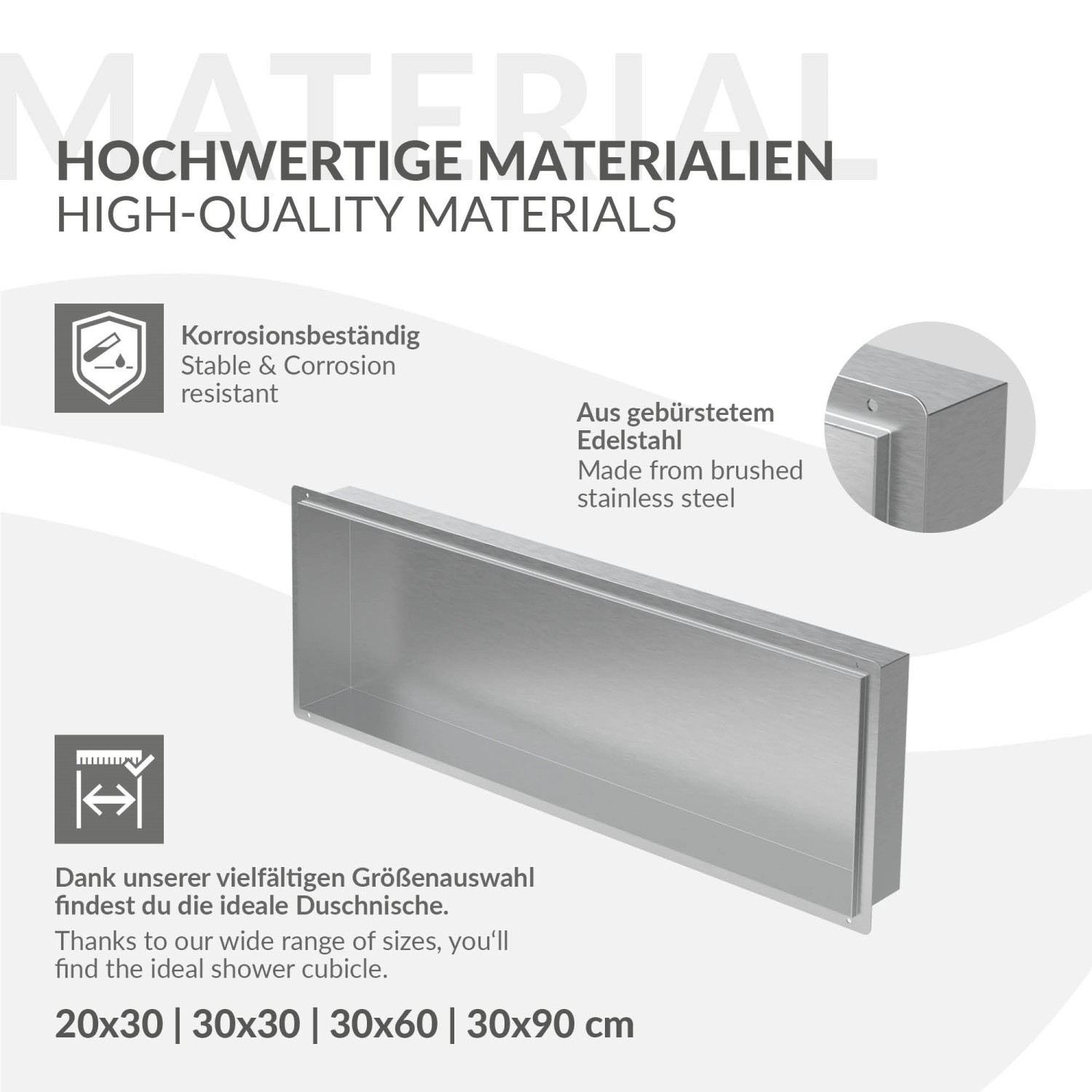 LuxeBath Wandnische aus Edelstahl, silberne Duschablage für Bad und Dusche.