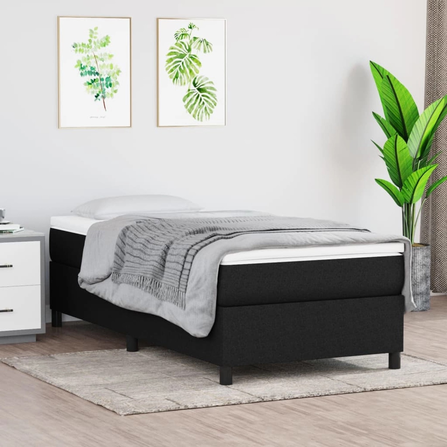 Schwarzes vidaXL Boxspringbett mit Matratze, 90x200 cm, Stoffbezug.