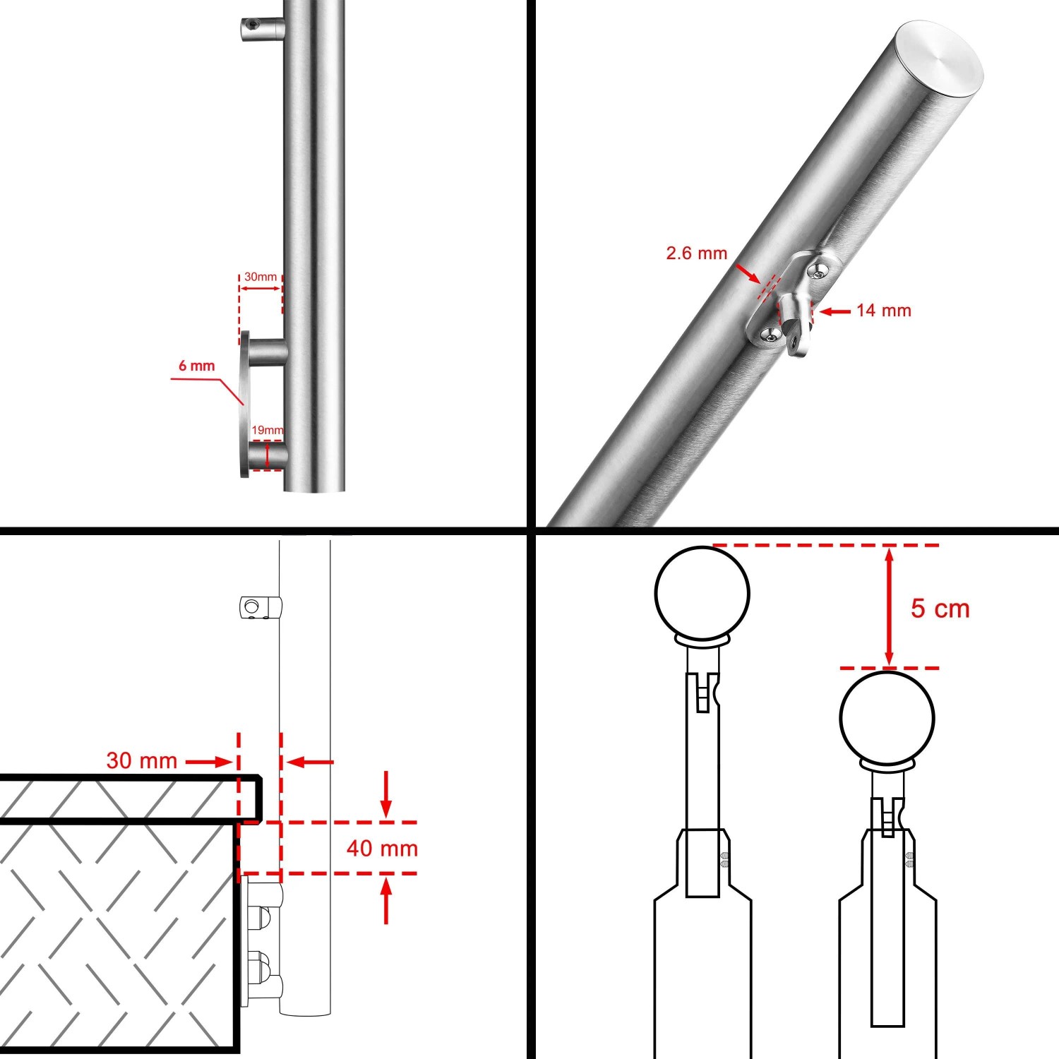 AICA 304 Edelstahl Treppengeländer Set Seitenmontage 100 cm Länge 5 Querstreben_9