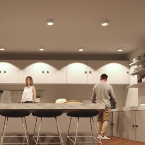 Moderne Küche mit weißen, runden LED Deckenaufbauleuchten Celi-X für Büro und Flur.