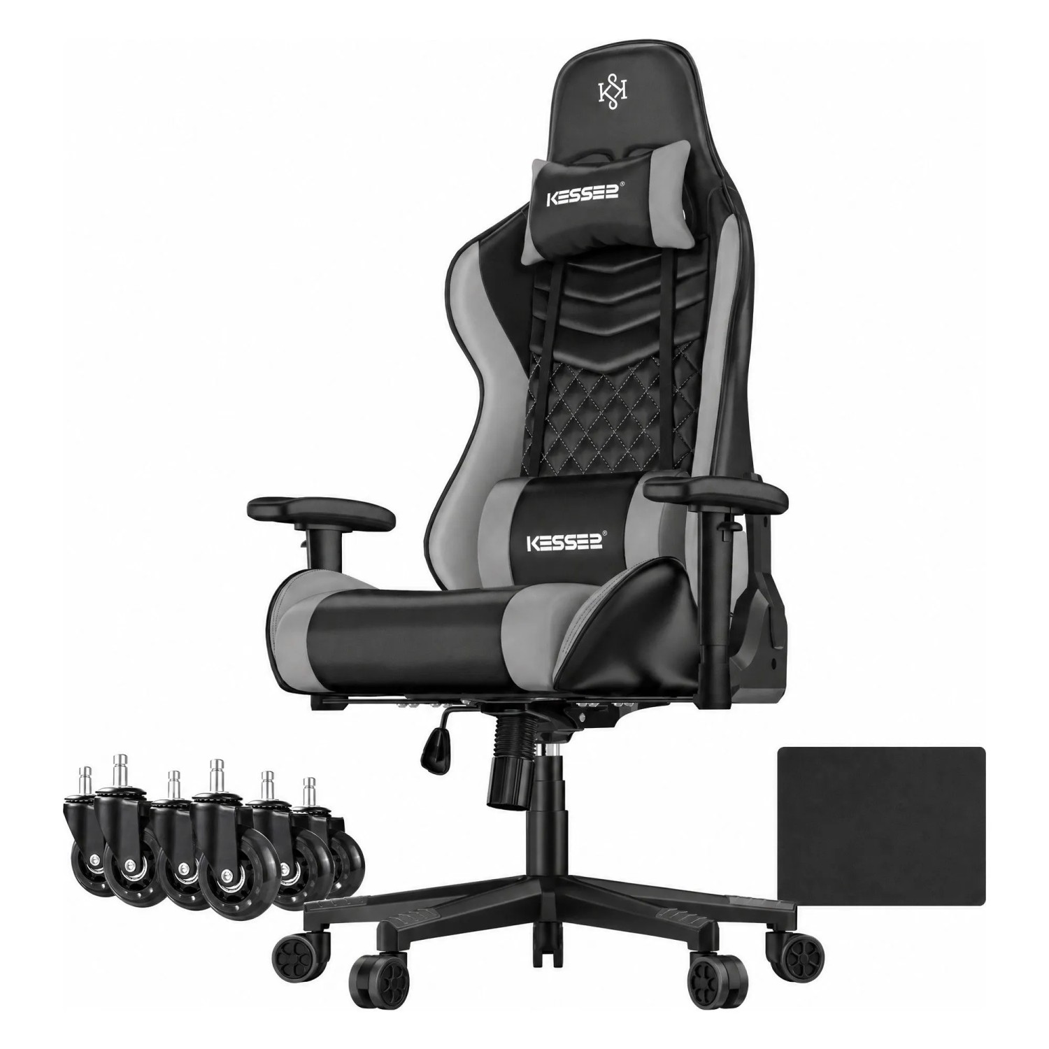KESSER Gaming Stuhl Ergonomisch mit Kopfstütze 150 kg Belastbar Schwarz Grau