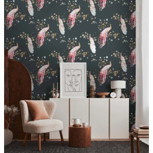 Schwarze Vliestapete mit Pfauen und Blumen von Bricoflor, ideal für Wohn- und Schlafzimmer.