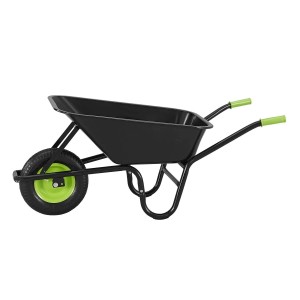 Schwarze Juskys Schubkarre Garden 100L mit grünem Rad und Griffen. Inkl. Handschuhe.