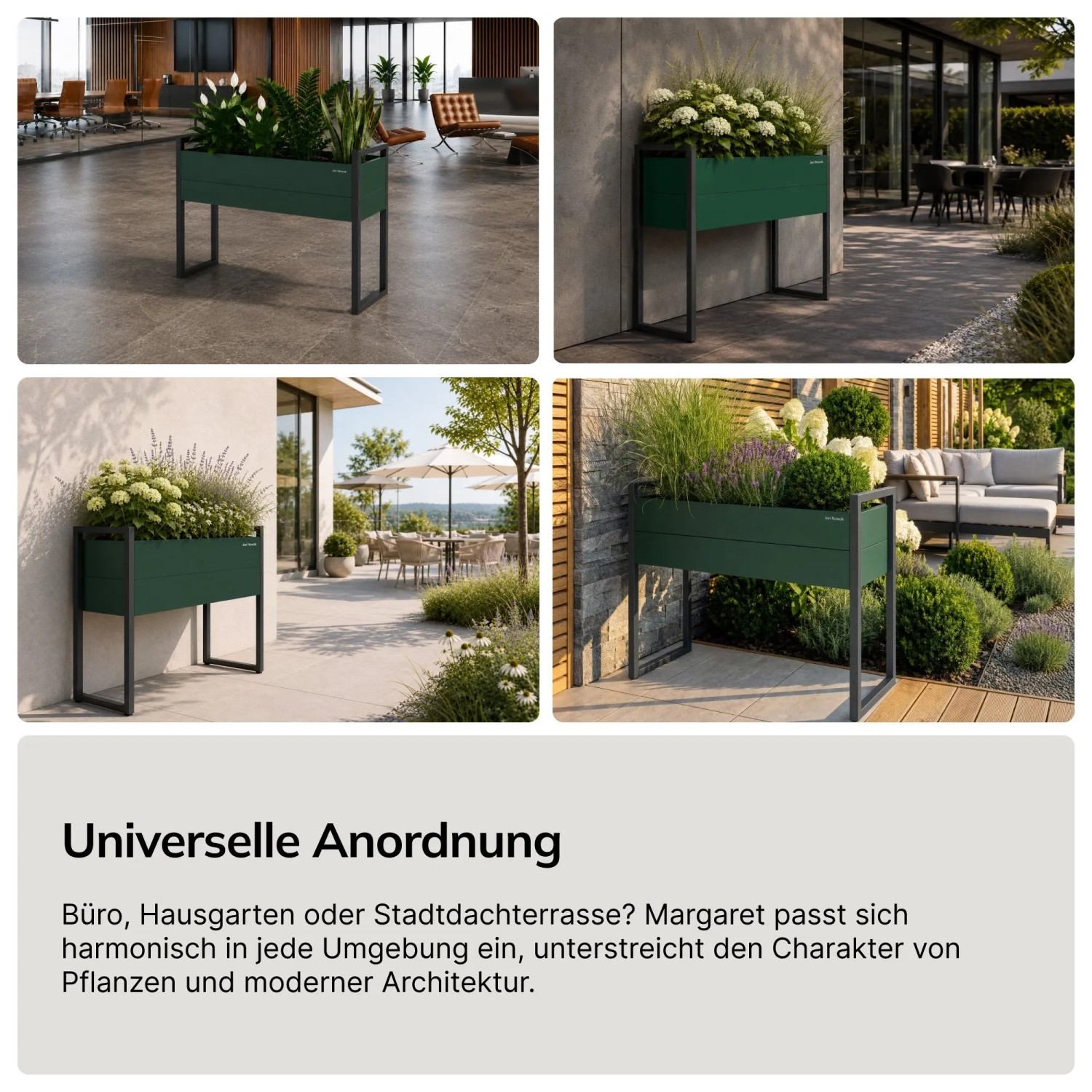 Hoher JAN NOWAK Metall-Blumenkübel in Flaschengrün mit Anthrazit-Gestell, vielseitig für Büro, Terrasse, Garten.