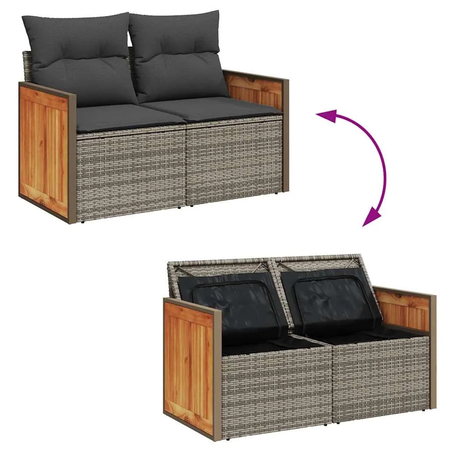 Graue 7-tlg. Garten-Sofagarnitur aus Polyrattan mit Kissen und Stauraum unter den Sitzen.