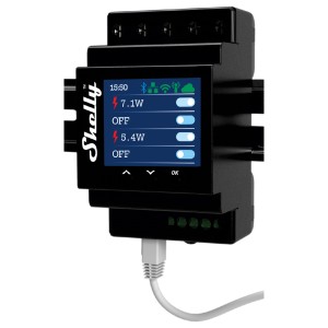 Schwarzes Shelly Relaismodul Pro 4PM zur Hausautomation mit Display und LAN-Anschluss.