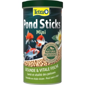Tetra Pond Sticks Mini 1 l: Hauptfutter für kleine Teichfische, schwimmfähige Sticks im grünen Behälter.