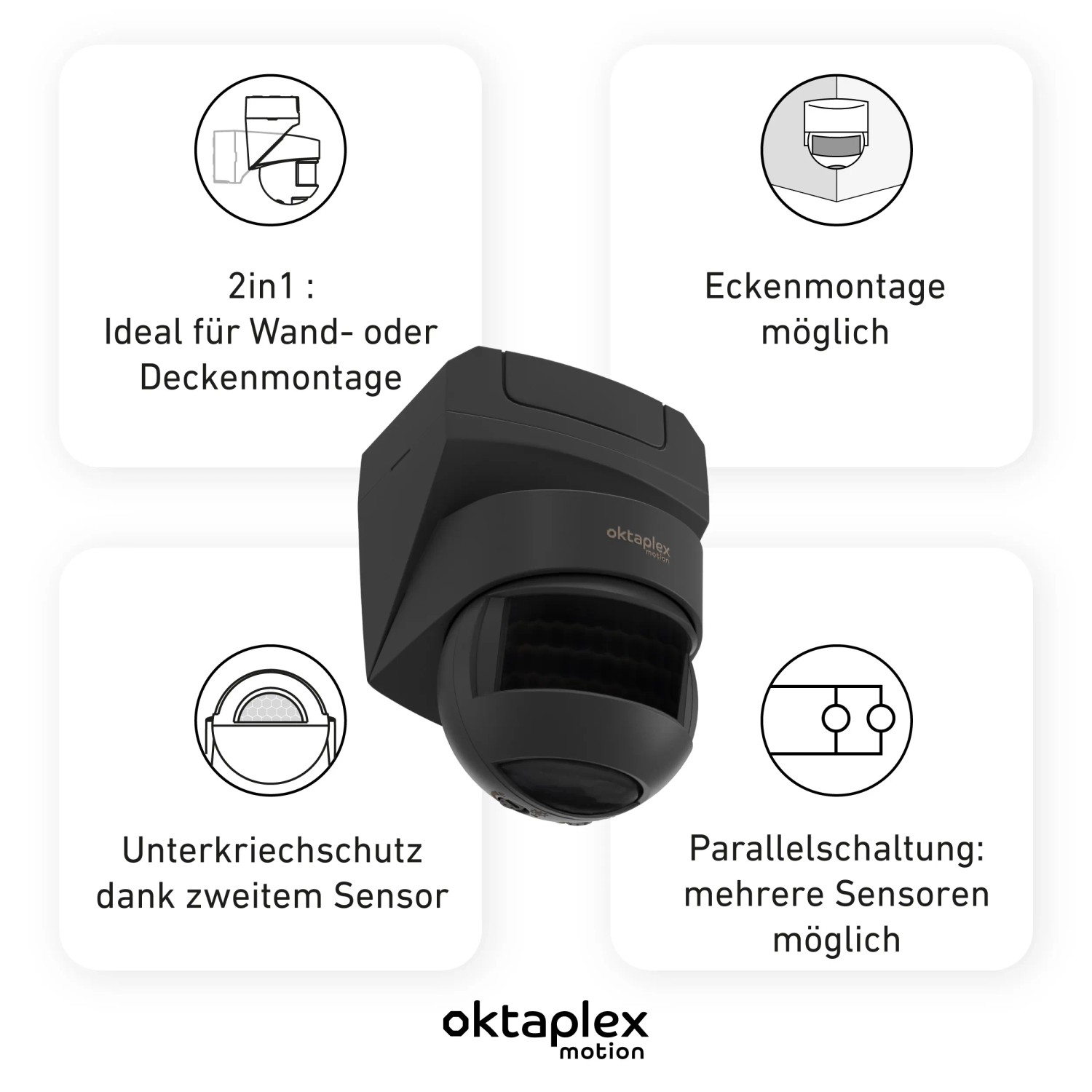 Oktaplex Lea Bewegungsmelder in Anthrazit für Wand-, Decken- und Eckmontage.