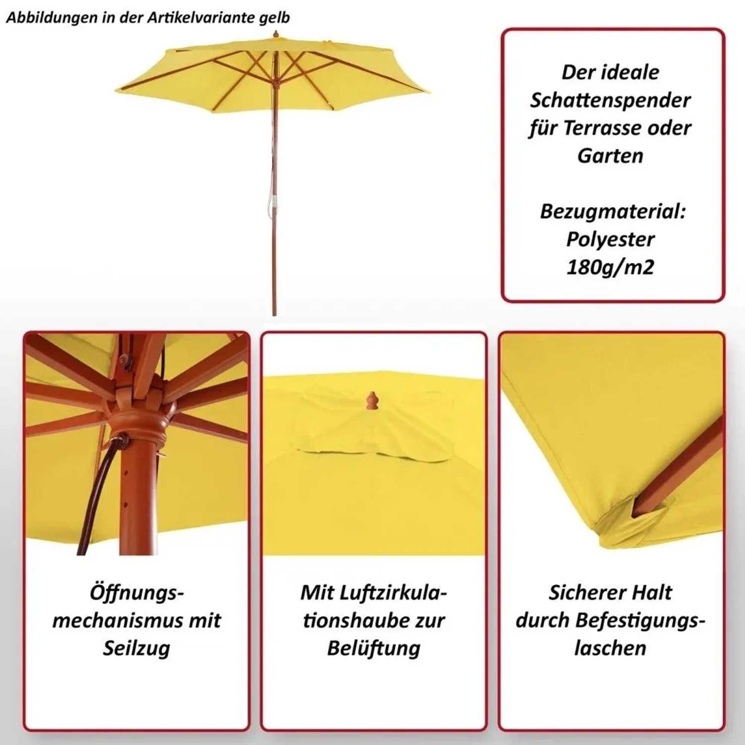Gelber MCW Sonnenschirm Lissabon Ø 3m mit Holzgestell, Seilzugmechanismus, Lüftungsschlitz und UV-Schutz 50.