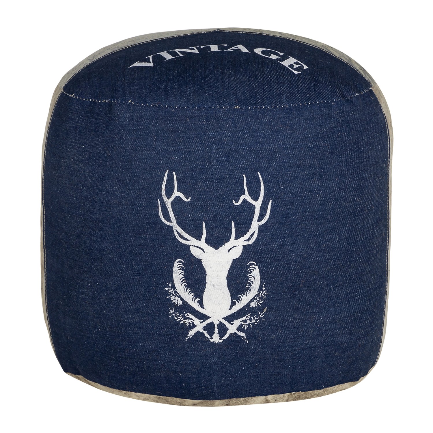Handgefertigter WOMO-DESIGN Sitzpouf Jacksonville aus Segeltuch/Jeans mit Hirschmotiv.