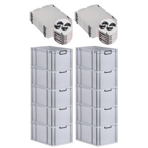 PROREGAL SparSet: 10 graue Euroboxen (65L) mit schwarzen Griffen und Auflagedeckel, gestapelt.
