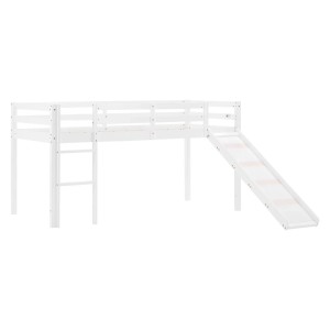 Weißes Kinderhochbett 90x200 aus Holz mit Rutsche und Leiter. Ideal als Abenteuerbett für Kinder.