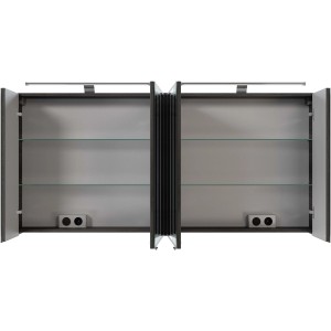 Offener Pelipal Spiegelschrank Quantum 05, Graphit, 150 cm breit, mit Einlegeböden und Aufsatzleuchte.