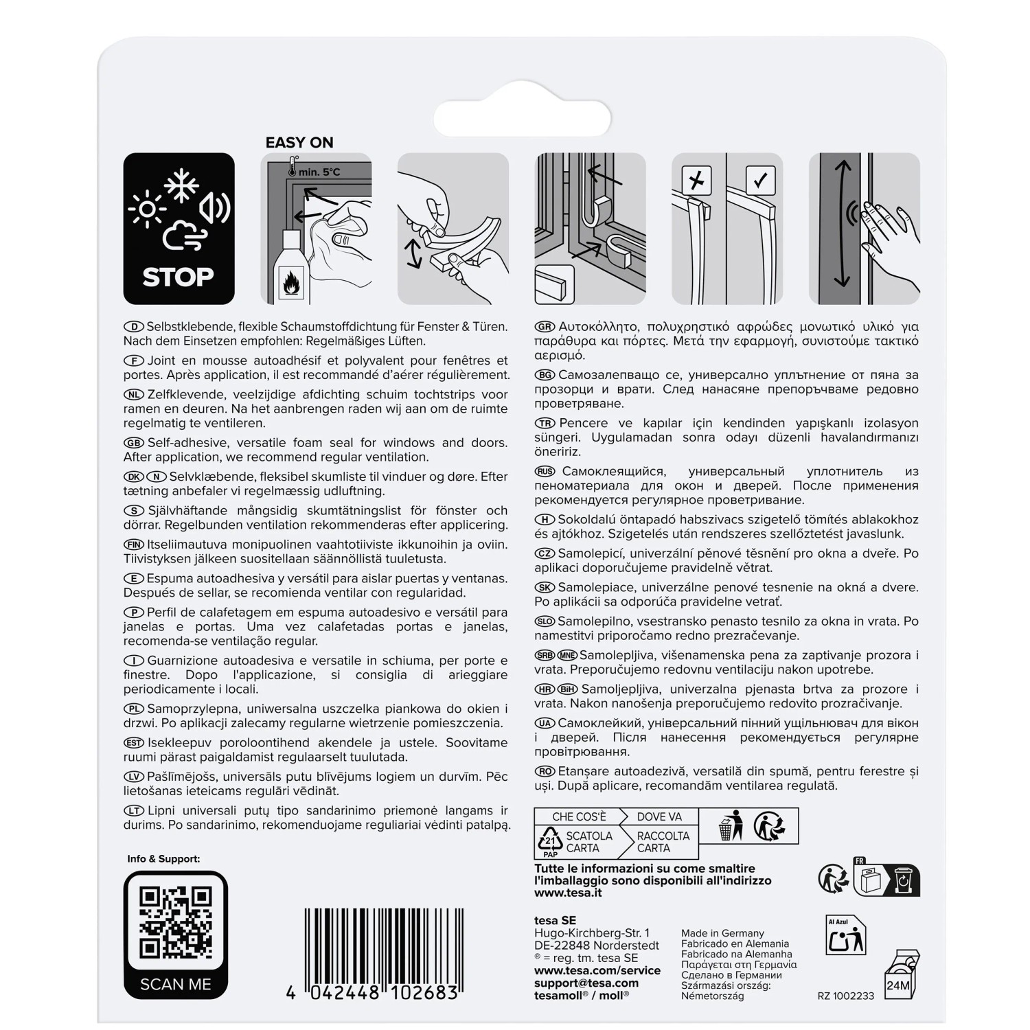 Tesamoll Schaumstoff Dichtung, weiß, 6m, für Fenster und Türen, zur Abdichtung von Spalten 1-5mm.