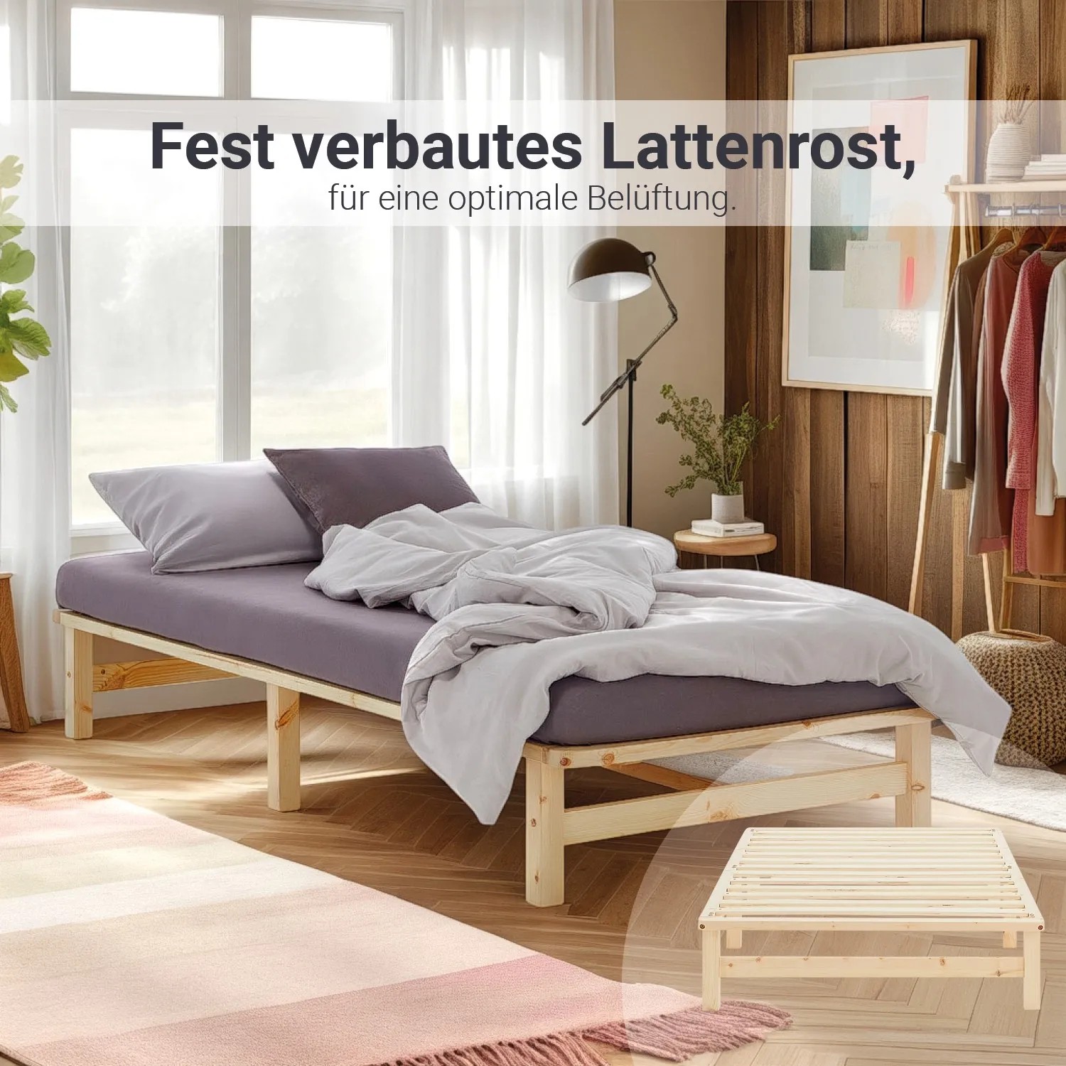 Homestyle4u Palettenbett 90x200 mit Matratze, Kiefer Natur, Komplettset
