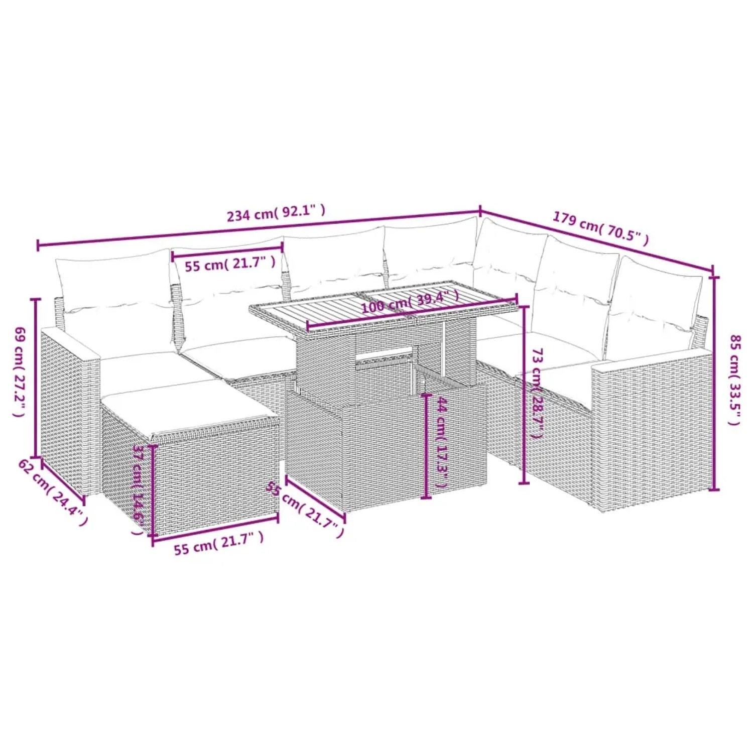 Graue 8-tlg. vidaXL Garten-Sofagarnitur aus Polyrattan mit Tisch, Hockern und Kissen.